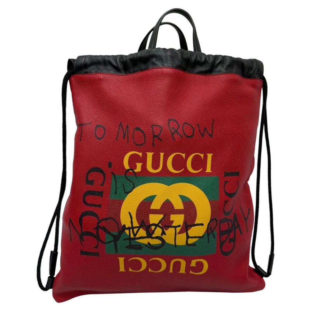 Gucci Web Logo Printed Drawstring Backpack In Red… - image 1